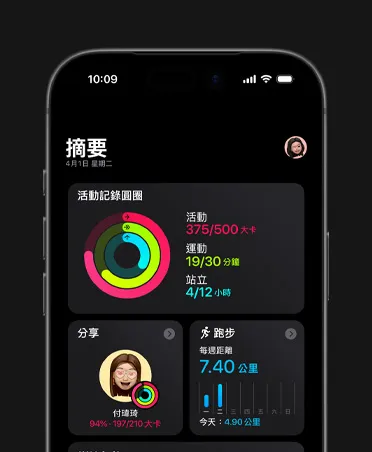 iPhone 17 的螢幕展示健身摘要資料，活動紀錄圓圈顯示活動、運動與站立指標，與好友分享的活動記錄，以及每週跑步距離、訓練負荷