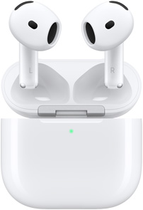 Boîtier de charge d’AirPods 4 ouvert et montrant des AirPods flottant au-dessus.