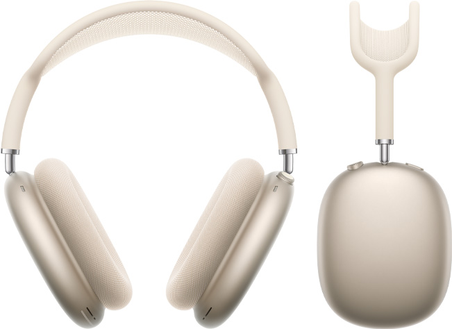 Žvaigždžių šviesos spalvos „AirPods Max“ kadrai iš priekio ir iš šono.