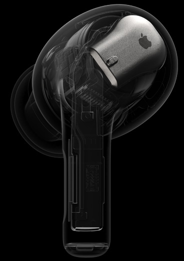 }Pohľad dovnútra AirPods Pro s krytom so zvýrazneným čipom H2.