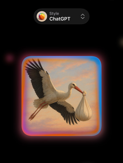 Ecrã com o Image Playground com uma cegonha realista a carregar uma trouxa no bico e a mostrar opções de estilos de imagem personalizados do ChatGPT