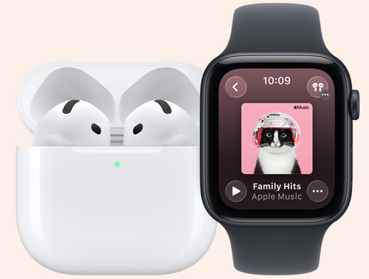 AirPods Pro 3, white, earbuds, silicone tips, microphone, in MagSafe Charging Case, open, rounded corners, green charge indicator light, Apple Watch SE 3, aluminum case, midnight color, Apple Music app, now playing screen, midnight Sport Band
