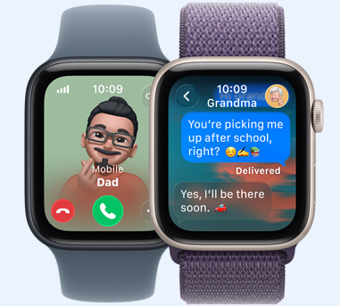 Apple Watch SE 3 devices, screens: incoming call from Dad, Messages with Grandma'