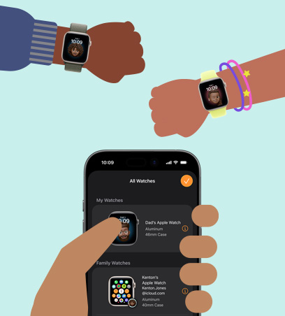 Apple Watch 親子設定，卡通插圖展示小朋友腕上戴着已配對父母手上 iPhone 的 Apple Watch SE 3