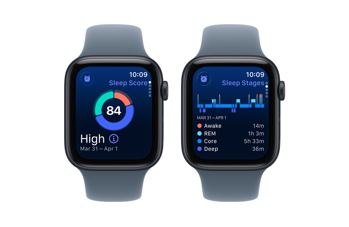 Apple Watch SE 3，展示睡眠分數圓圈圖表及評分，睡眠階段分析清醒、快速眼動期、核心睡眠和深層睡眠階段