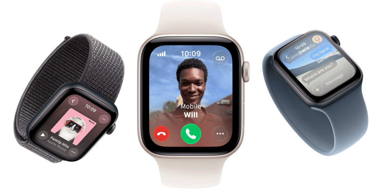 Apple Watch SE 3, boîtiers en aluminium, lumière stellaire et minuit, Boucle unique tressée, curcuma, Boucle Solo, jaune fluo, Boucle Sport, gris foncé, écrans : Apple Pay, Centre de contrôle, Apple Music