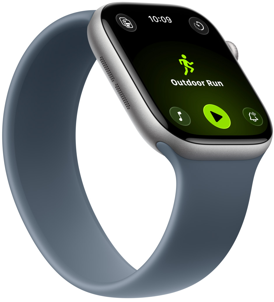 Apple Watch Series 11, kast van aluminium, kleur spacegrijs, work-out Buiten Hardlopen, Apple Music-regelaars onder in het scherm, solobandje, kleur ankerblauw