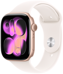 Apple Watch Series 11, kleur roségoud, kast van aluminium, wijzerplaat Responsive Art, rechterkant, Digital Crown, microfoon, zijknop, sportbandje, kleur rosé, zilverkleurige pinsluiting