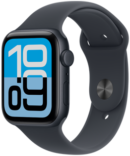 Apple Watch SE 3, kast van aluminium, kleur middernacht, wijzerplaat Flux, rechterkant, Digital Crown, microfoon, zijknop, sportbandje, middernacht sportbandje, zilverkleurige pinsluiting