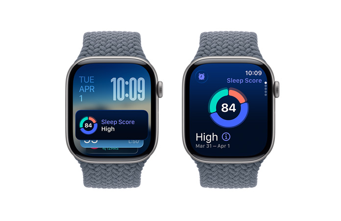 Apple Watch Series 11, kleur spacegrijs, kast van aluminium, Slimme Stapel-suggestie, melding voor slaapscore, rechterkant, Digital Crown, gevlochten solobandje, kleur ankerblauw