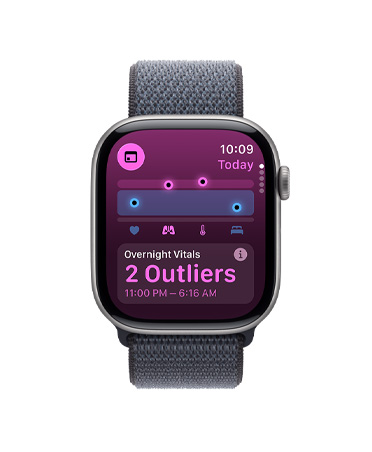 Apple Watch Series 11, space gray color, aluminum case, Vitals app, health score chart, overnight vitals outliers notification, right side exterior, Digital Crown, Sport Loop, dark gray color
