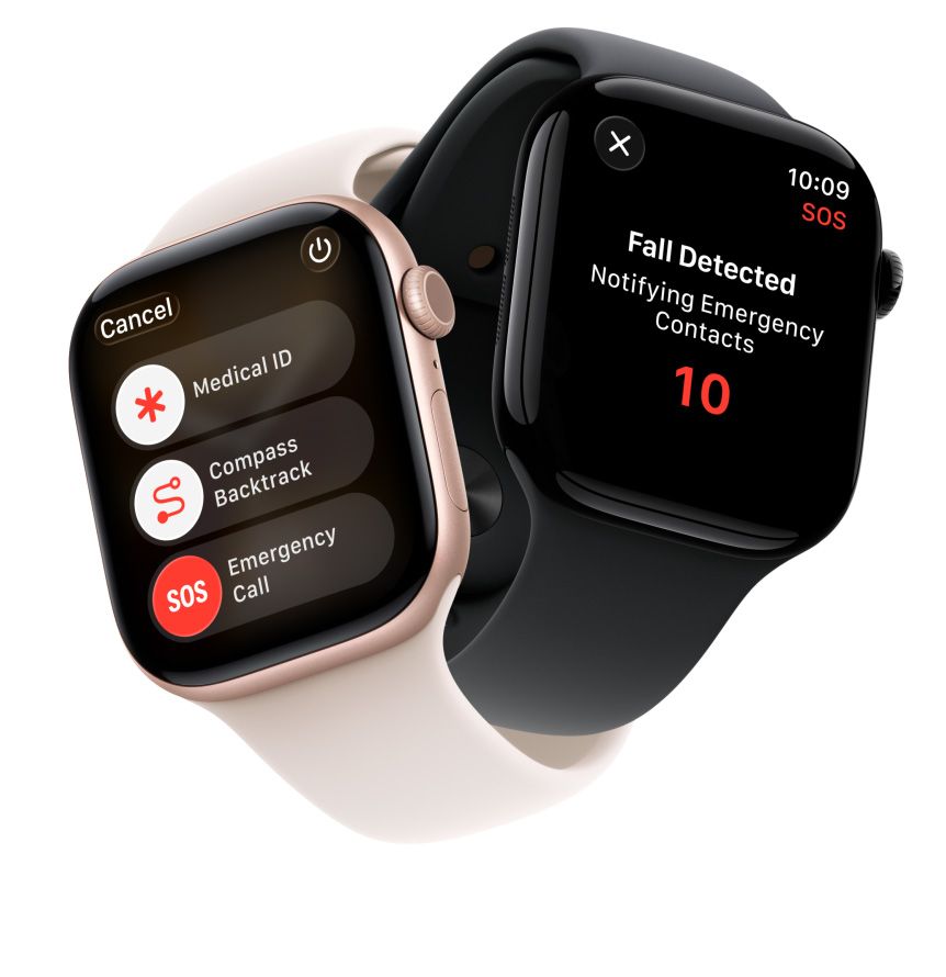 Apple Watch Series 11-devices, kasten van aluminium, kleuren roségoud en gepolijst gitzwart, veiligheidsfeatures op het display: medische ID, Backtrack via kompas, noodoproep, sportbandjes, kleuren rosé en zwart