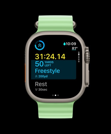 Apple Watch Ultra 3, värinä luonnontitaani, titaanikuori, Treeni-appi, muokattu treeni ‑kortti, Seuraavaksi-näyttö, neonvihreä Ocean-ranneke