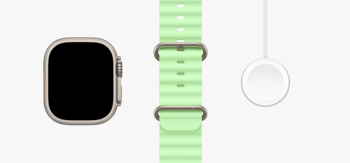 Apple Watch Ultra 3, natural titanium colour case, edge-to-edge display, neon green Ocean Band, Apple Watch Magnetic Fast Charger to USB-C Cable