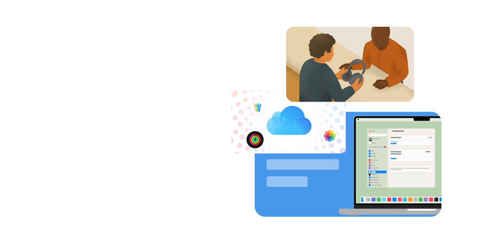 Appleのスペシャリストがお客様のヘッドフォンを持っている様子のスタイリッシュなイラスト。その下には、システム設定のインターフェイスが表示されたMacBookの画面が描かれており、周りにパスワード、iCloud、フィットネスアプリ、写真アプリを表すアイコンのイラストが並んでいる