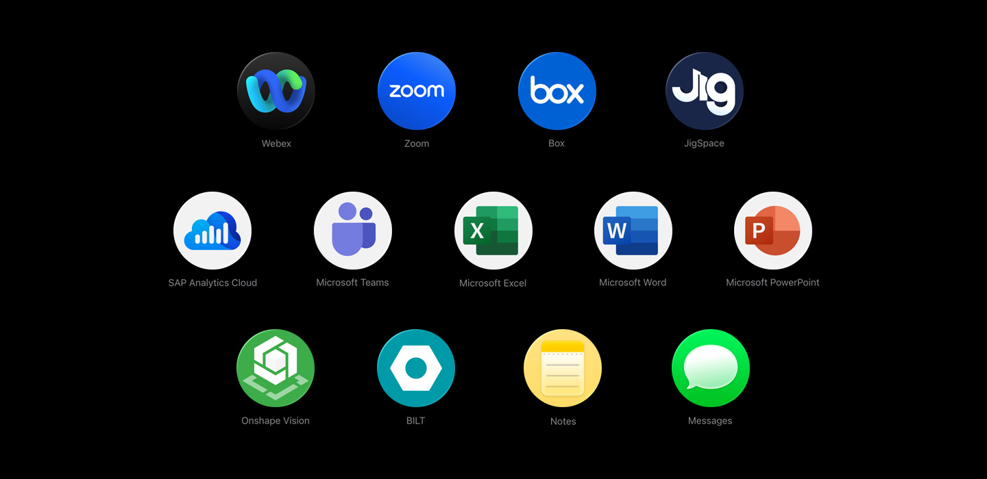 Various app icons in a scattered array, including Webex, Zoom, Box, JigSpace, SAP Analytics Cloud, Microsoft Teams, Microsoft Excel, Microsoft Word, Microsoft PowerPoint, Onshape Vision, BILT, Notes, and Messages