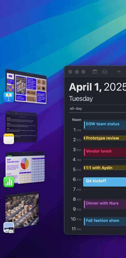 Forskellige iOS-apps vist på et skrivebord, herunder Kalender-appen, som er den mest fremtrædende. Den viser en oversigt over dagens aftaler.