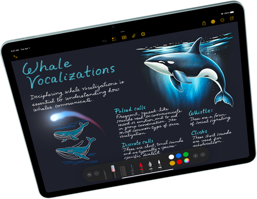 Landscape view of iPad Air showcasing Apple Intelligence with Image Playground and Keynote, Apple Pencil Pro