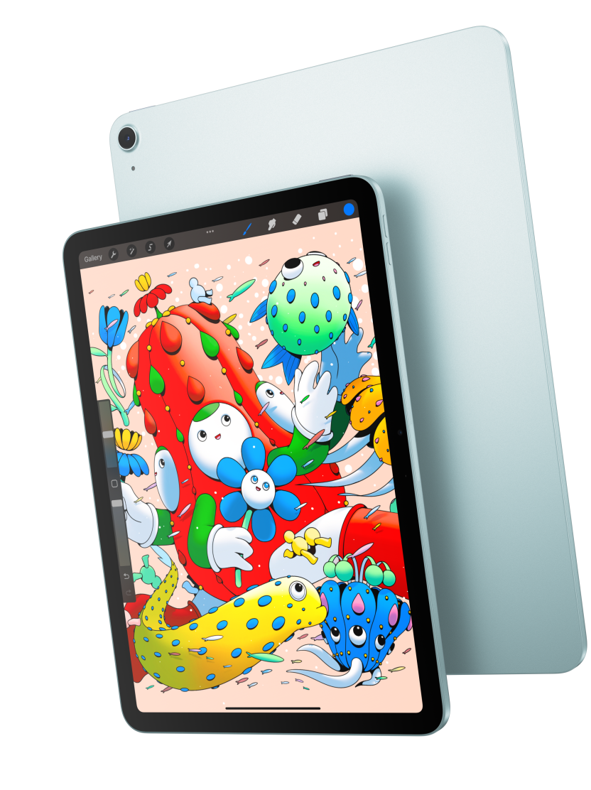 Vorderansicht eines iPad Air, die das 11" Modell mit der App Procreate zeigt, dahinter die Rückseite eines iPad Air in Blau
