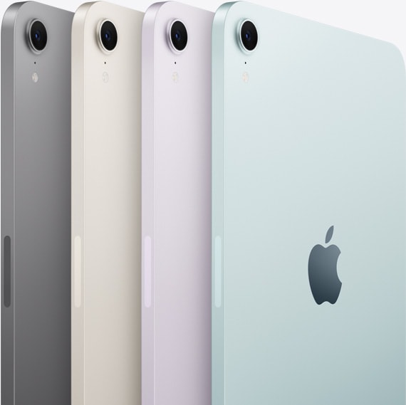 Kuvatakse nelja iPad mini mudeli tagakülg ja kaamera saadaolevates värvitoonides: kosmosehall, tähtvalge, lilla ja sinine.