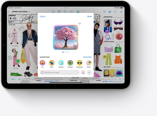 iPad mini ekraanil kuvatakse Apple Intelligence'i uus funktsioon Image Playground rakenduses Freeform.