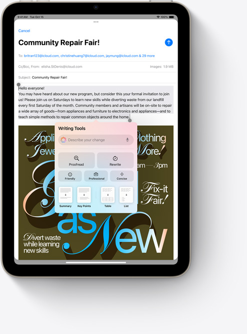 iPad mini näitamas uut Apple Intelligence'i funktsiooni Writing Tools rakenduses Mail.