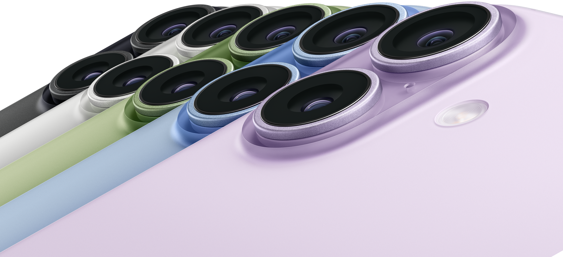 Five iPhone 17 devices, rear exterior, top left corner, Fusion cameras, colours: black, white, sage, mist blue, lavender