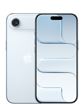 iPhone Air, back exterior, Sky Blue colour, Fusion camera system at top, centred Apple logo, front exterior, Sky Blue color, Dynamic Island centred at top