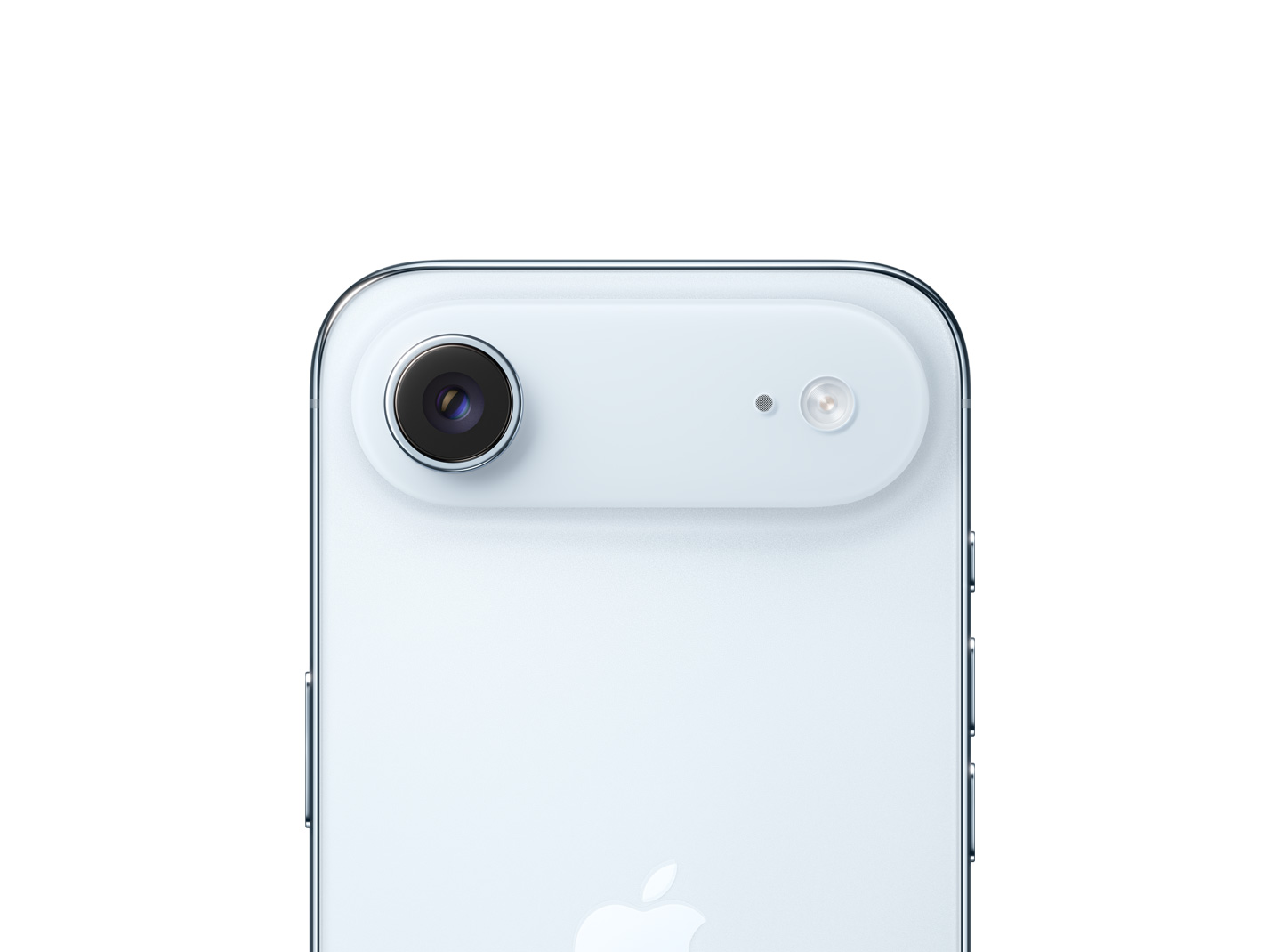 iPhone Air, vue arrière, bleu ciel, caméra principale Fusion dans le plateau situé dans la partie supérieure