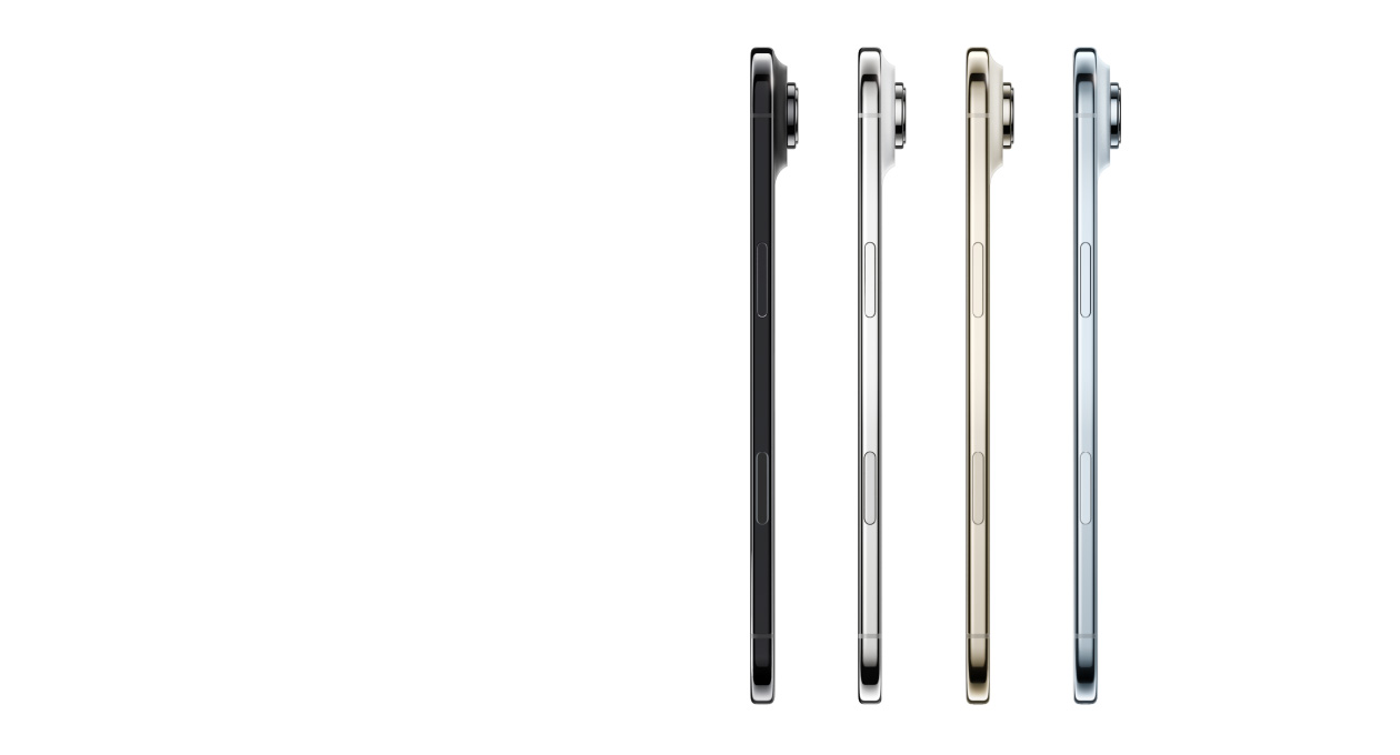 iPhone Air, profil, couleurs : bleu ciel, or clair, blanc nuage et noir infini, profil très mince, système caméra Fusion, bouton latéral, bouton Commande de la caméra