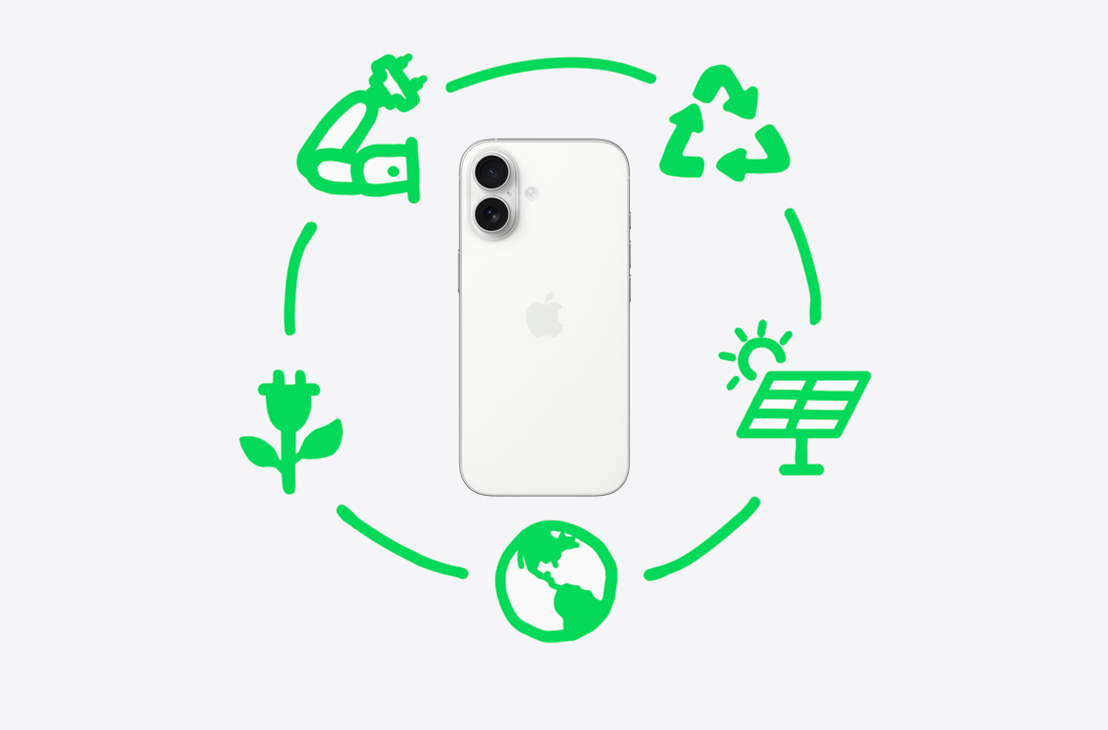 Ilustración que muestra los pasos que sigue Apple para reciclar y reutilizar materiales, incluidos el diseño y las materias primas, la fabricación, el empaque y envío, el uso y la recuperación, todo alrededor de un iPhone 17 azul neblina, parte posterior.