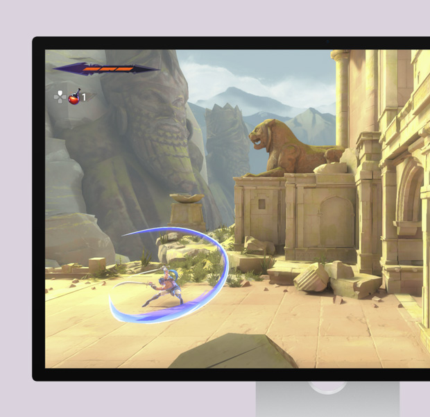 La pantalla de un monitor muestra el juego Prince of Persia: The Lost Crown