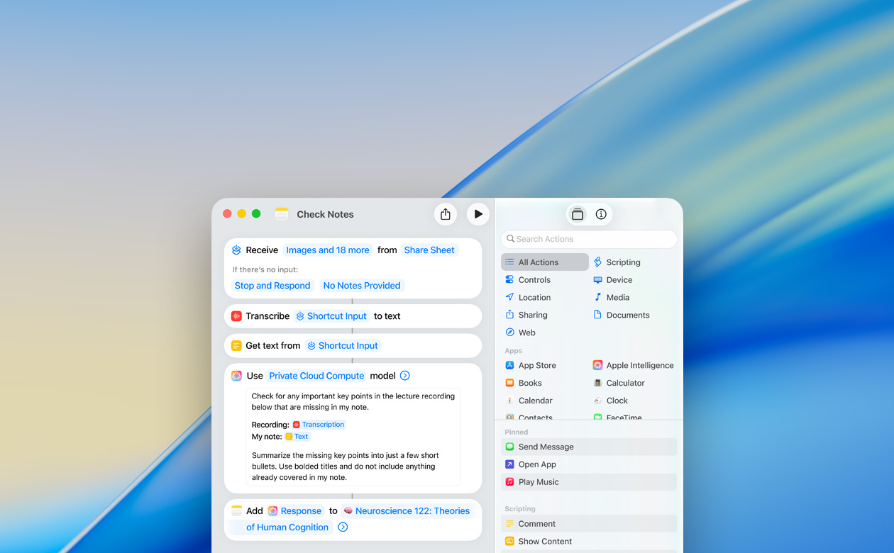 Gros plan sur la création d’un raccourci à l’aide de l’action Utiliser le modèle dans l’app Notes