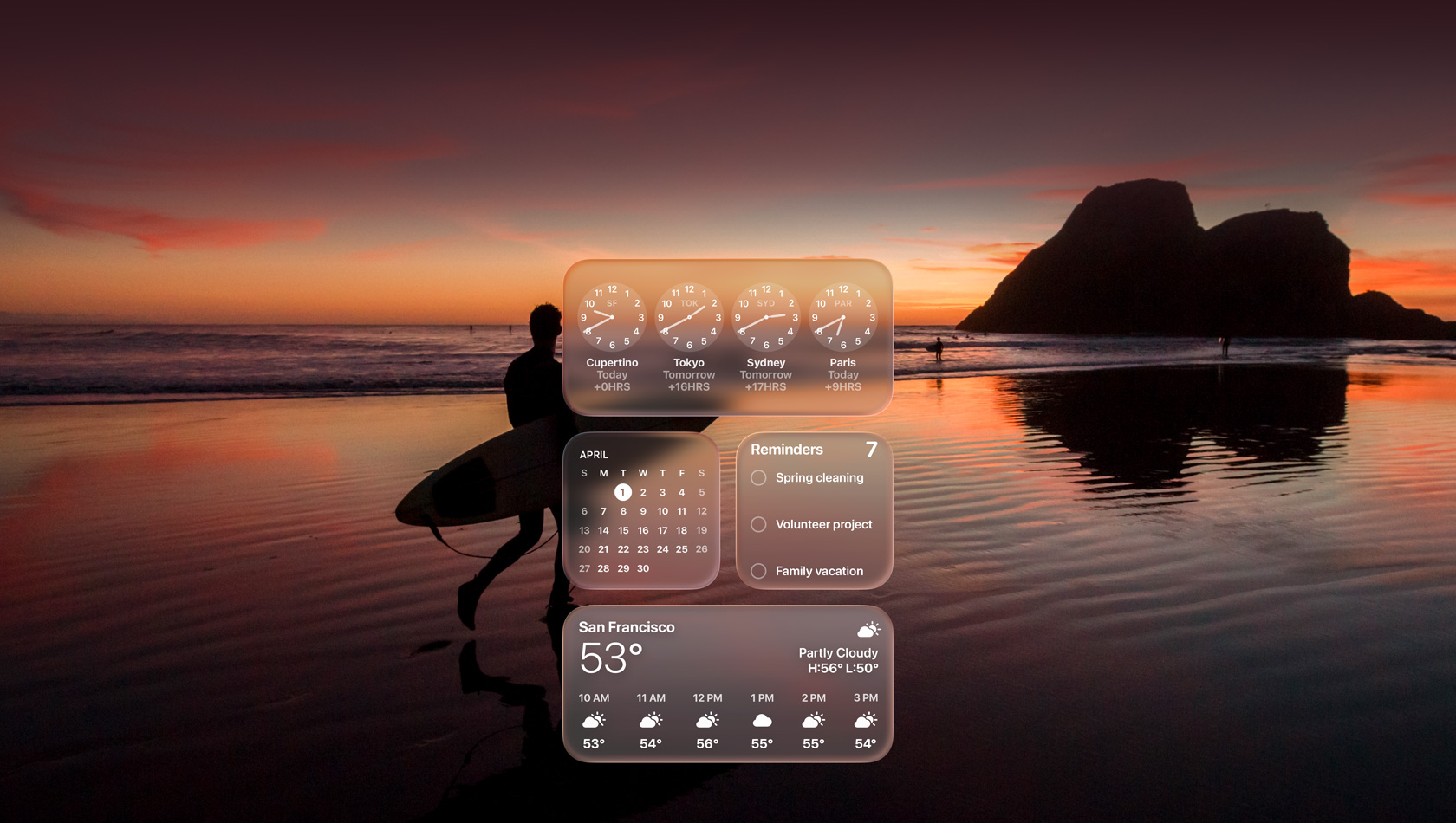 Widgets Horloge, Calendrier, Rappels et Météo en Liquid Glass devant l’image d’un surfeur marchant sur la plage au coucher du soleil