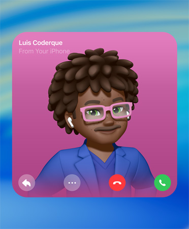 FaceTime 個人聯絡海報，Genmoji 置中，人名在左上角，而下方則是回覆、更多選項、收線和接聽的圖像