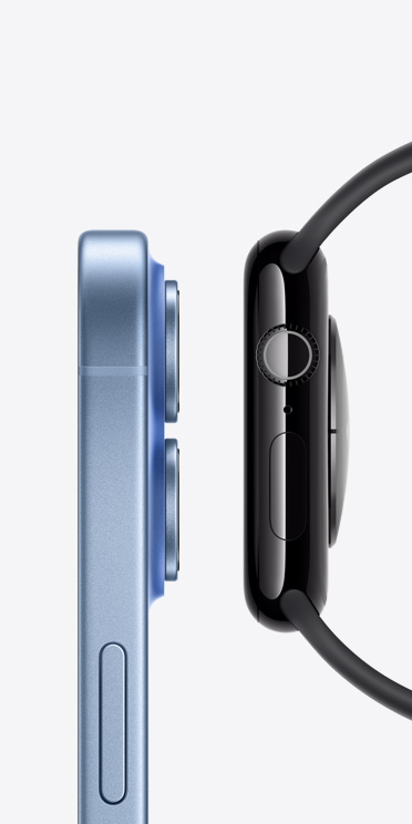 iPhone 17, right side exterior, lock button, raised camera lenses, Apple Watch Series 11, right side exterior, Digital Crown, microphone, side button