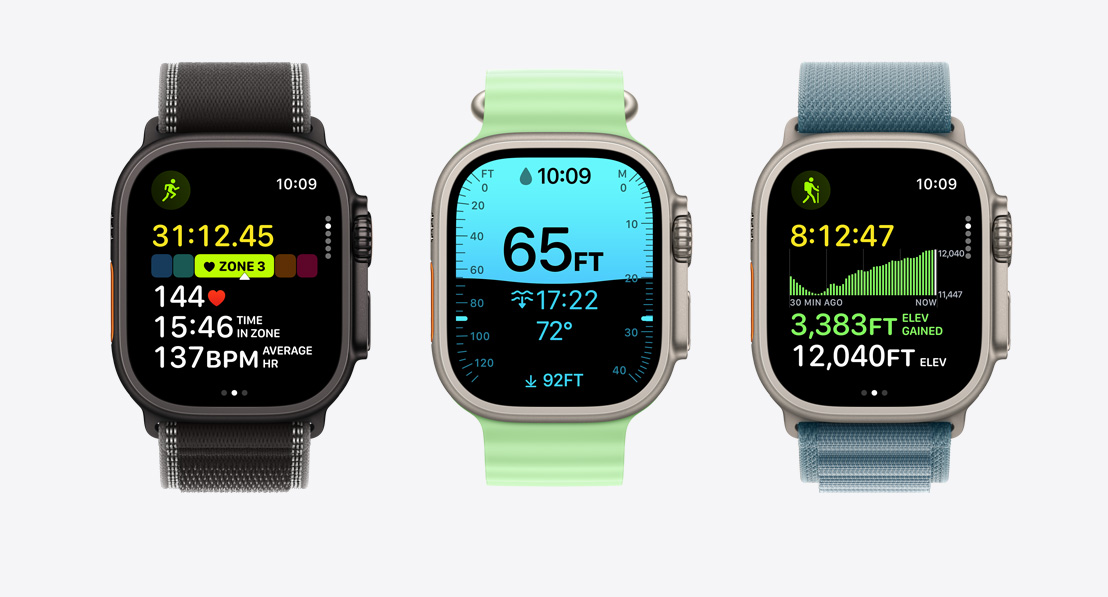 Apple Watch Ultra 3, écrans de l’app Exercice: course à pied, plongée, vélo