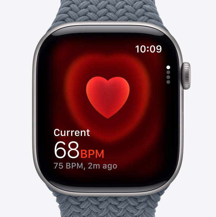 Apple Watch Series 11, aluminum case, space gray color, Heart Rate app, current beats per minute, Braided Solo Loop, anchor blue