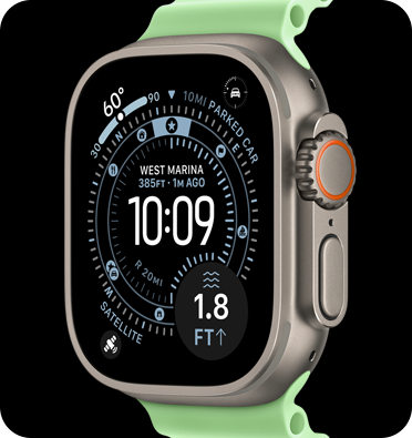 Apple Watch Ultra 3 avec un boîtier en titane argent et un bracelet Boucle vert.