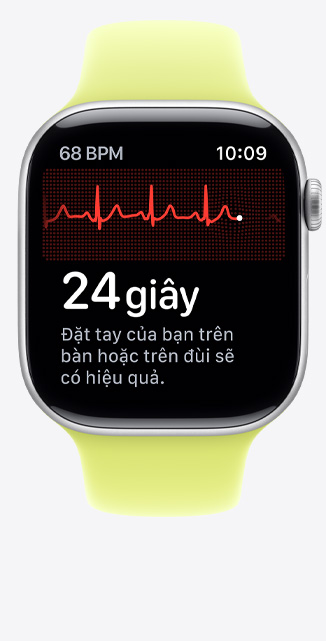 Góc chính diện màn hình ứng dụng ECG trên Apple Watch Series 10 hiển thị biểu đồ dạng sóng và đồng hồ đếm ngược ở 22 giây.