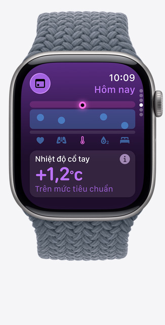 Góc chính diện màn hình ứng dụng Sinh Hiệu trên Apple Watch Series 10 cho thấy các chỉ số sức khỏe qua đêm ở mức bình thường