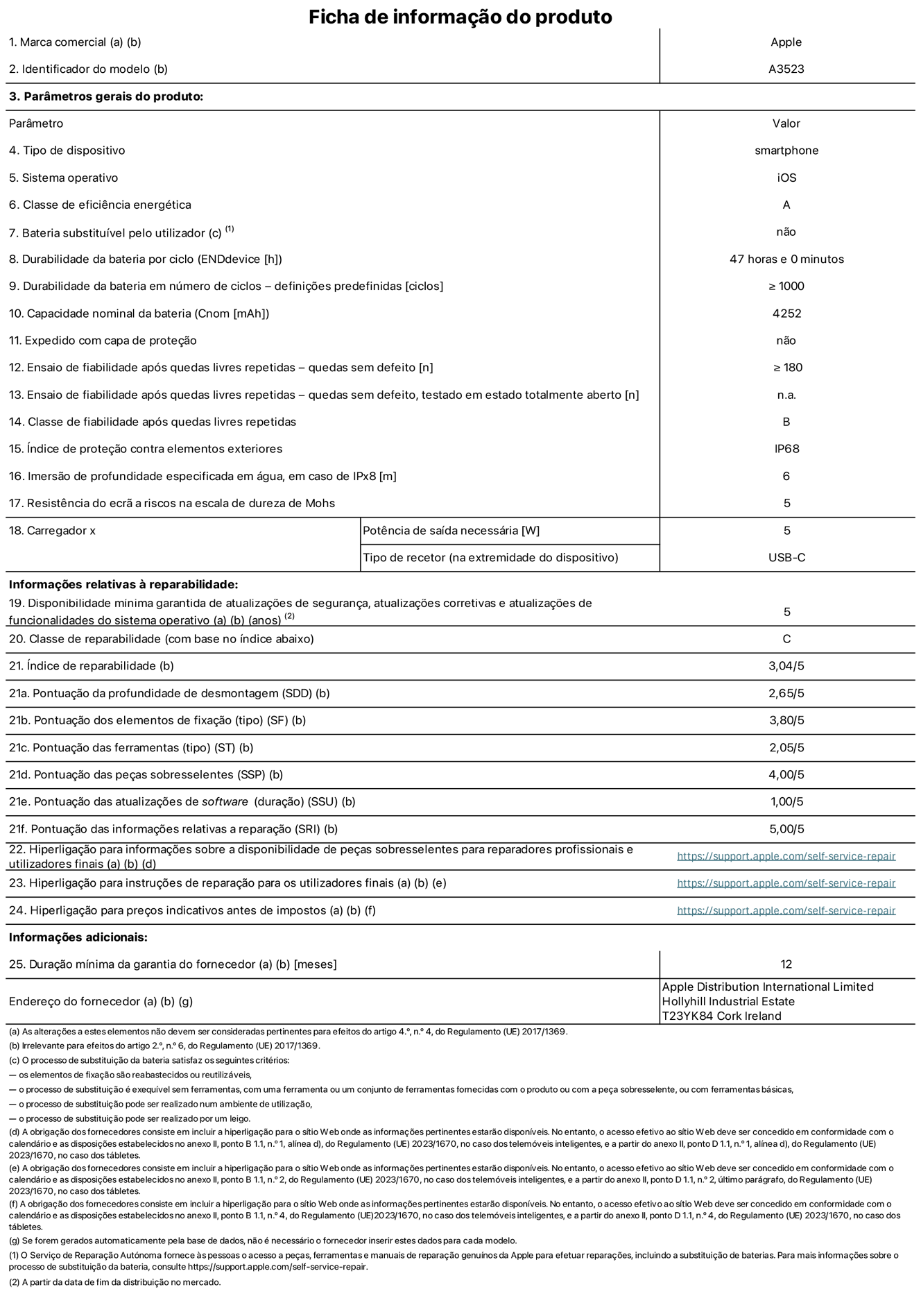 Folha de informações de produto do iPhone 17 Pro, modelo A3523. Fornecido pela Apple Distribution International Limited, Hollyhill Industrial Estate. Cork, Irlanda T23 YK84. Tipo de dispositivo: smartphone. Sistema operativo: iOS. Classe de eficiência energética: A. Bateria substituível pelo utilizador: não. Autonomia da bateria por ciclo: 47 horas. Autonomia da bateria em ciclos - pré‑configurações: número igual ou superior a 1000. Capacidade nominal da bateria: 4252 miliamperes-hora. Enviado com capa protetora: não. Teste de fiabilidade após quedas livres sucessivas - quedas sem defeito: número igual ou superior a 180. Teste de fiabilidade após quedas livres sucessivas - quedas sem defeito testadas no estado totalmente aberto: não aplicável. Classe de fiabilidade após quedas livres sucessivas: B. Índice de proteção contra elementos exteriores: IP68. Imersão de profundidade especificada em água, em caso de IPx8: 6 metros. Resistência do ecrã a riscos na escala de dureza de Mohs: 5. Potência de saída necessária do carregador: 5 watts. Tipo de recetor do carregador (na extremidade do dispositivo): USB-C. Disponibilidade mínima garantida de atualizações de segurança, atualizações corretivas e atualizações de funcionalidades do sistema operativo: 5 anos. Classe de reparabilidade: C. Índice de reparabilidade: 3,04/5. Pontuação da profundidade de desmontagem (SDD): 2,65/5. Pontuação dos elementos de fixação: 3,80/5. Pontuação das ferramentas: 2,05/5. Pontuação das peças sobresselentes: 4,00/5. Pontuação das atualizações de software: 1,00/5. Pontuação das informações relativas a reparação: 5,00/5. Hiperligação para informações sobre a disponibilidade de peças sobresselentes para reparadores profissionais e utilizadores finais: https://support.apple.com/pt-pt/self-service-repair. Hiperligação para instruções de reparação para utilizadores finais: https://support.apple.com/pt-pt/self-service-repair. Hiperligação para preços indicativos antes de impostos: https://support.apple.com/pt-pt/self-service-repair. Oferta de garantia geral de 12 meses.