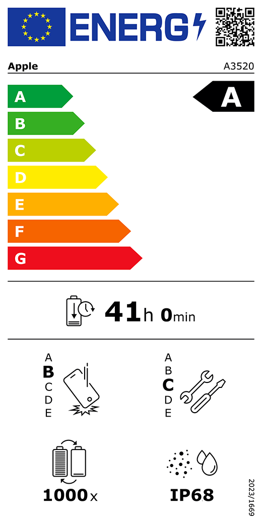Etiqueta energética da UE, código QR e informações, modelo A3520 da Apple, classe A, classes de eficiência energética (na escala de A a G), A (mais eficiente) a G (menos eficiente), autonomia da bateria por ciclo, 41 horas e 0 minutos por carga completa da bateria, classe B de fiabilidade em queda livre repetida, A (mais robusto) a E (menos robusto), classe C de reparabilidade, A (mais reparável) a E (menos reparável), 1000 ciclos de autonomia da bateria, classificação IP68 de proteção contra a entrada de pó e água, regulamento 2023/1669.