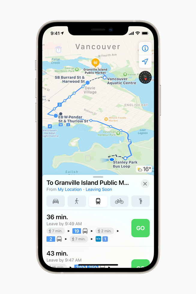 Real-time transit features in Apple Maps on iPhone 12.