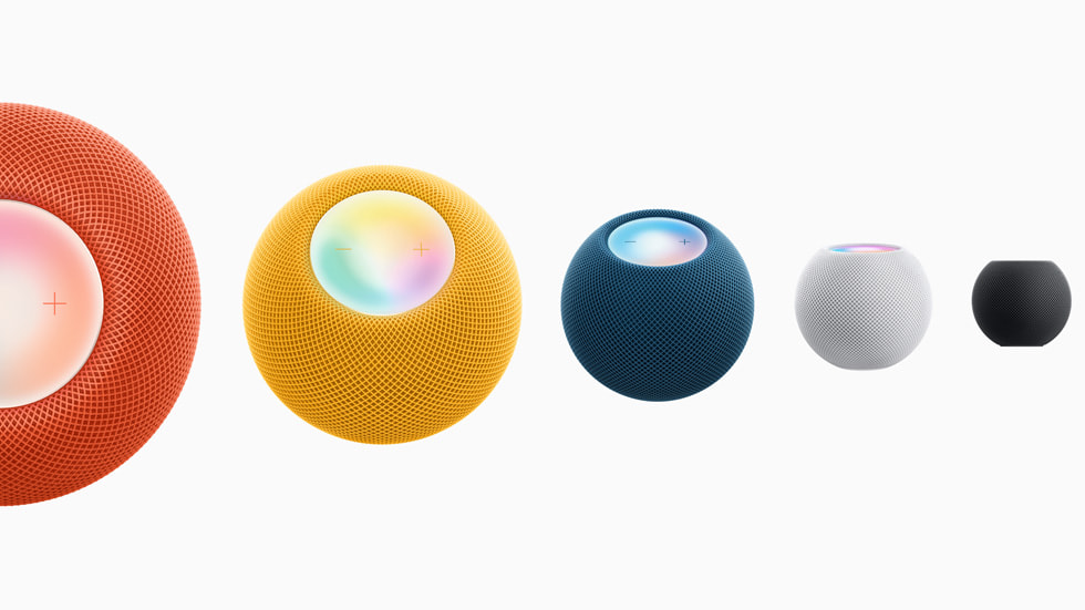 HomePod mini vist i orange, gul, blå, space grey og hvid.