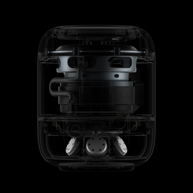 De indvendige dele i HomePod (2. generation) vises i detaljer mod en sort baggrund.