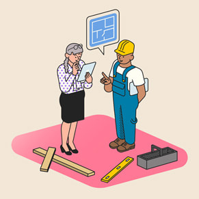 En appillustration af en kvinde, der taler med en bygningsarbejder.