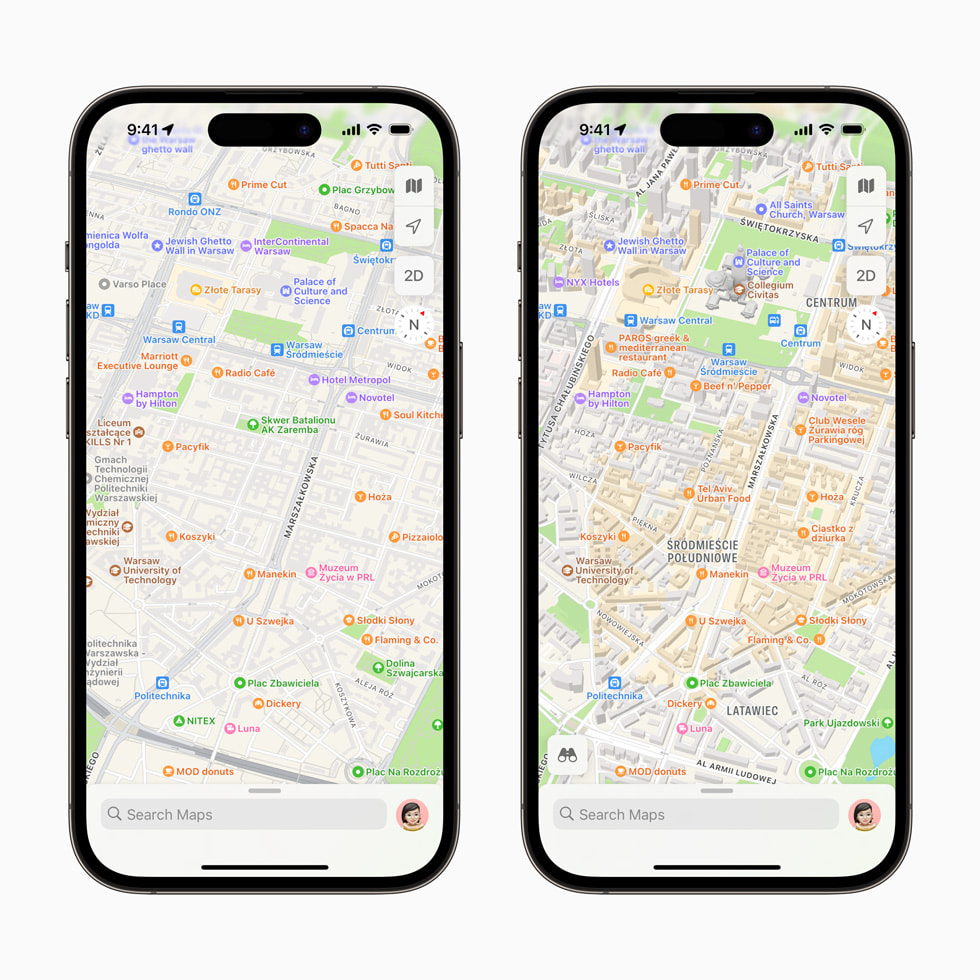 Porównanie obrazów z udoskonalonej aplikacji Mapy na iPhonie 14 Pro. Widać znacznie więcej detali niż w poprzedniej wersji mapy Polski.