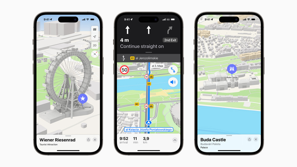 Nowe funkcje w aplikacji Mapy dla Austrii, Chorwacji, Czech, Polski, Słowenii i Węgier pokazane na iPhonie 14 Pro.
