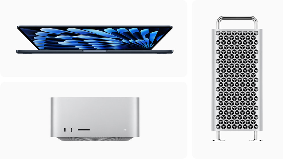 Yeni 15 inç MacBook Air, Mac Studio ve Mac Pro gösteriliyor.